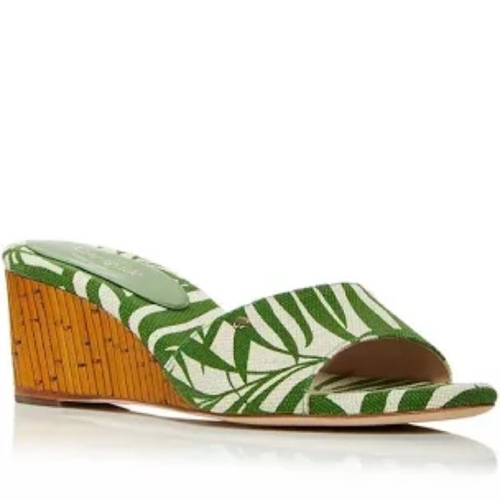 KATE SPADE New York Green/White Meena Printed Canvas Wedge Sandals Size 6.5